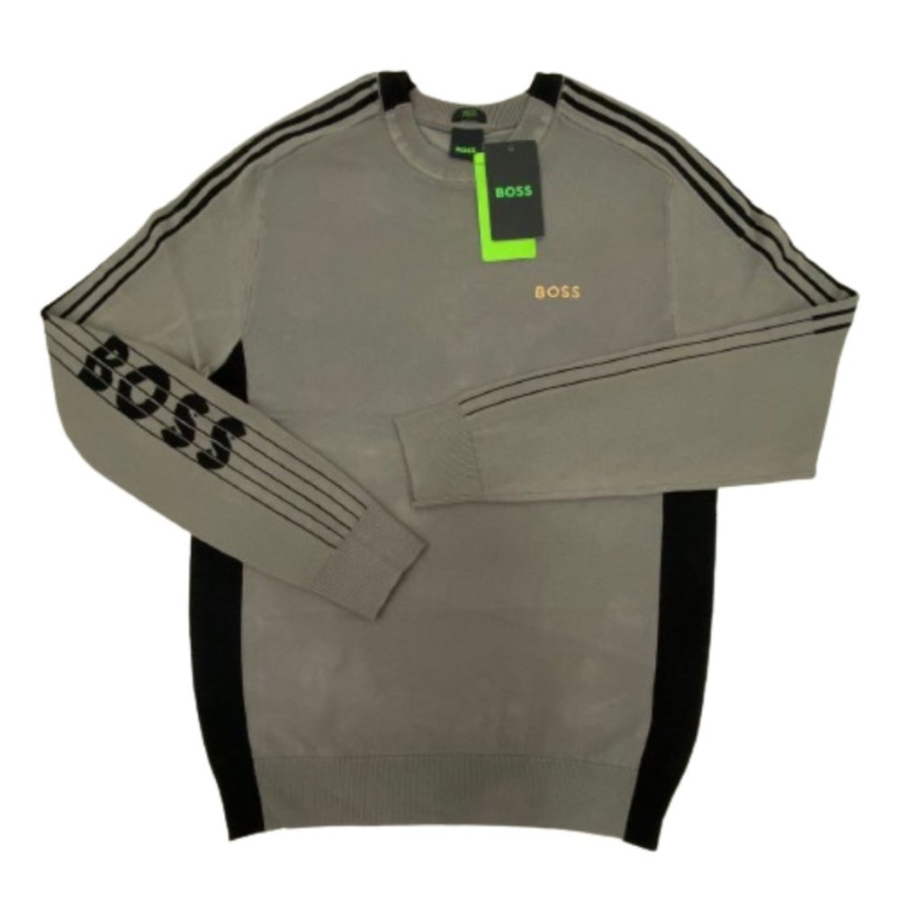 NWT Hugo Boss Men's Color Blocked Cotton Blend Sweater Striped Logo Gray S-XXL
